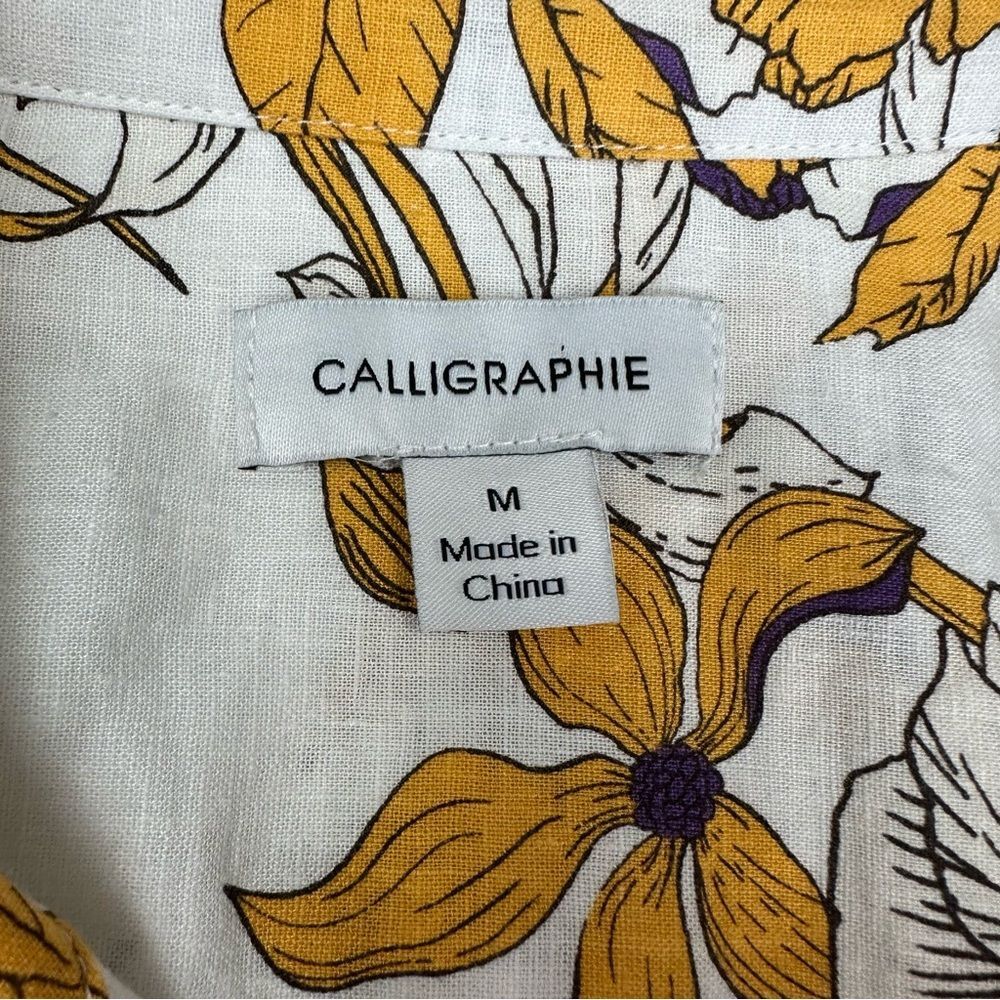 Calligraphie White & Yellow Floral Print Linen Blouse, M - Picture 4 of 7